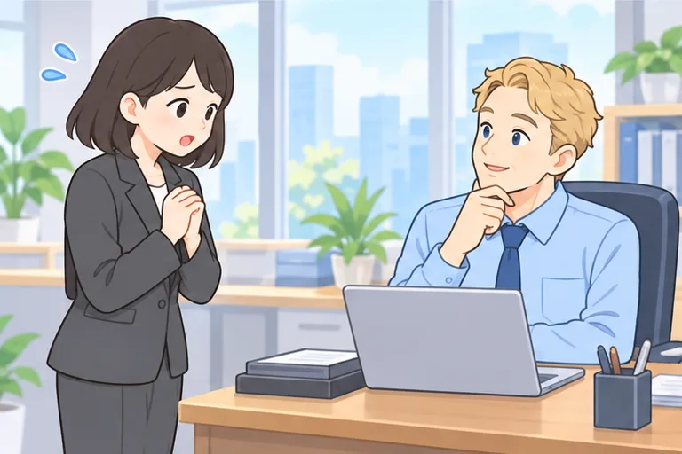 上司の机の前に立ち、長い休みについて少し緊張して相談する女性のイラスト