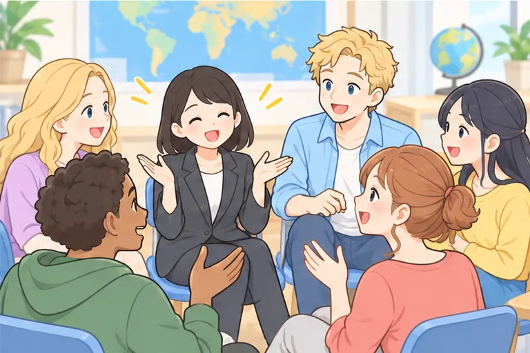 海外の語学学校で、いろいろな国の学生と輪になって笑い合う女性のイラスト