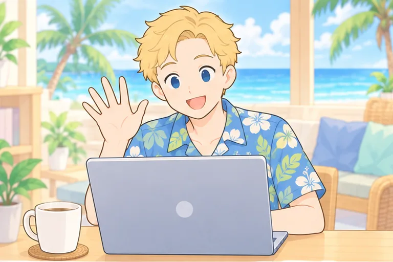 海と椰子の木が見える明るい部屋で、パソコンに向かって手を振る男性講師のイラスト