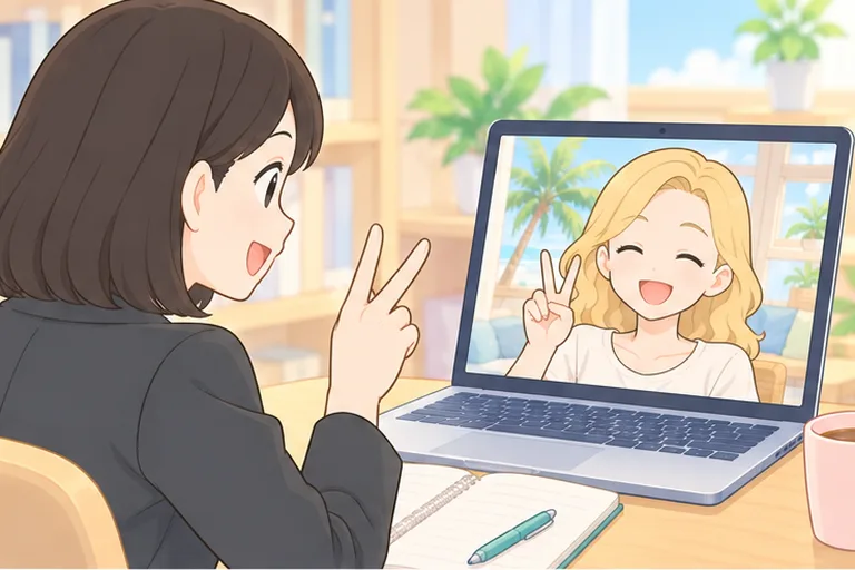 画面のTシャツ姿の女性講師と、友達同士のように同じポーズで笑い合う女性のイラスト