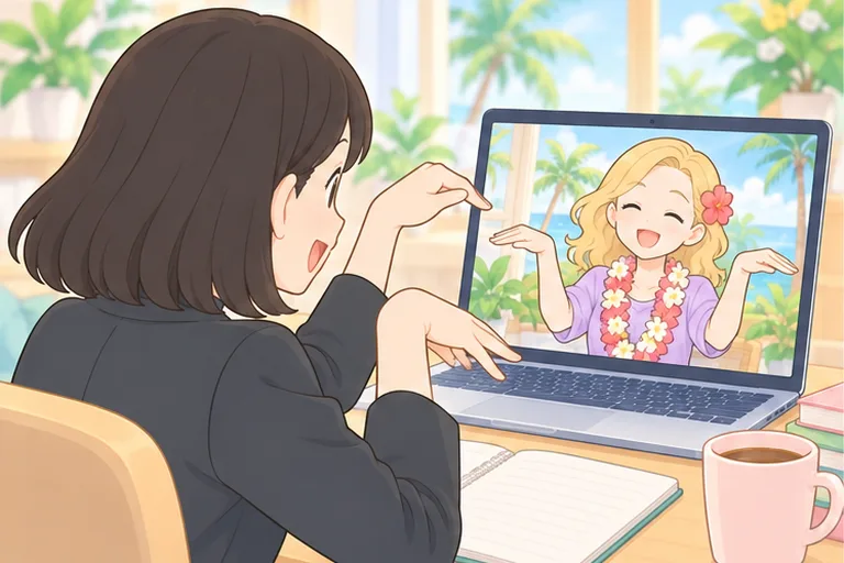 画面の女性講師が見せる踊りの身振りを、笑いながら真似する女性のイラスト