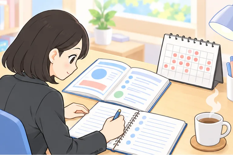 毎日の丸印が並ぶ卓上カレンダーの横で、教材を広げて勉強を続ける女性会社員のイラスト