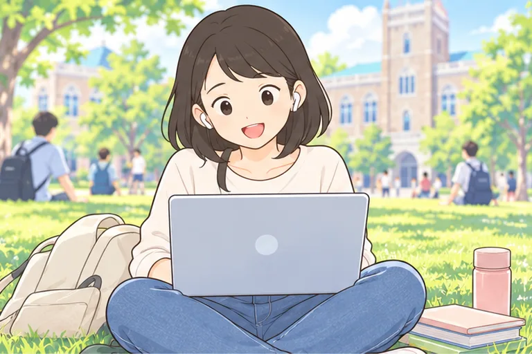 授業の空き時間に、キャンパスの芝生でノートパソコンを開いてレッスンを受ける大学生のイラスト