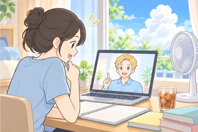 夏休みに扇風機が回る部屋で、集中してノートパソコンでレッスンを受ける大学生のイラスト