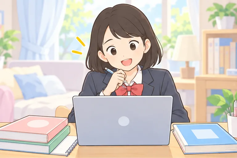 日本の教科書と英語の教科書を左右に並べ、オンライン授業を受ける女子高校生のイラスト