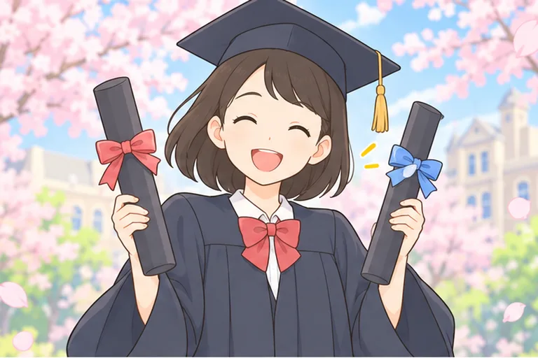 ガウンと角帽姿で、2本の卒業証書を両手に持って笑う女子高校生のイラスト