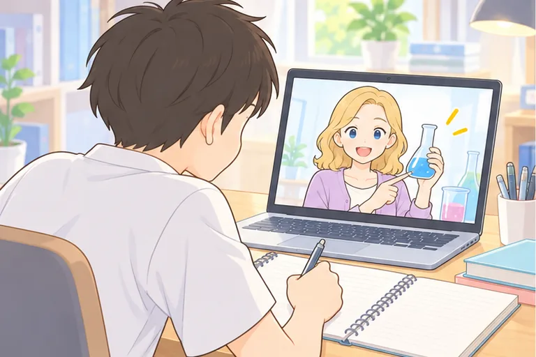 画面の女性講師が見せる理科の実験に、ノートを取りながら見入る男子高校生のイラスト