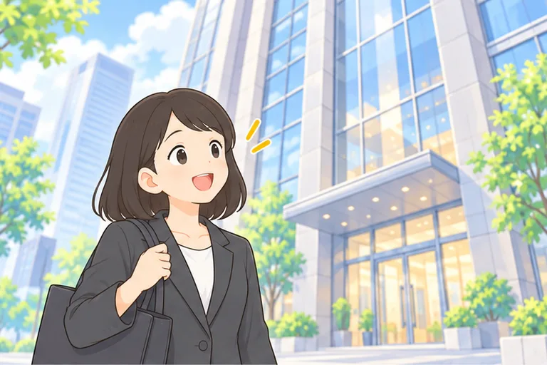 落ち着いた雰囲気の大きなオフィスビルを見上げて、ほっとした表情の女性会社員のイラスト