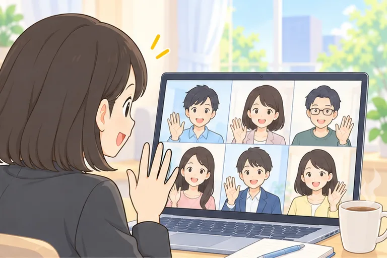 ノートパソコンの画面にタイル状に並んだ日本人講師たちに、手を振り返す女性のイラスト