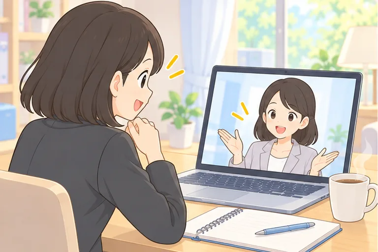 分からないところを質問した女性に、画面の日本人講師がにっこり説明するイラスト