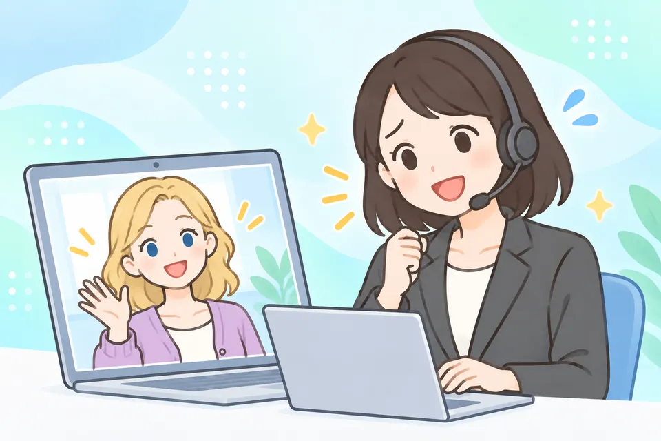 ヘッドセットをつけてパソコンでオンライン英会話のレッスンを受ける女性と、画面の中で手を振る講師のイラスト