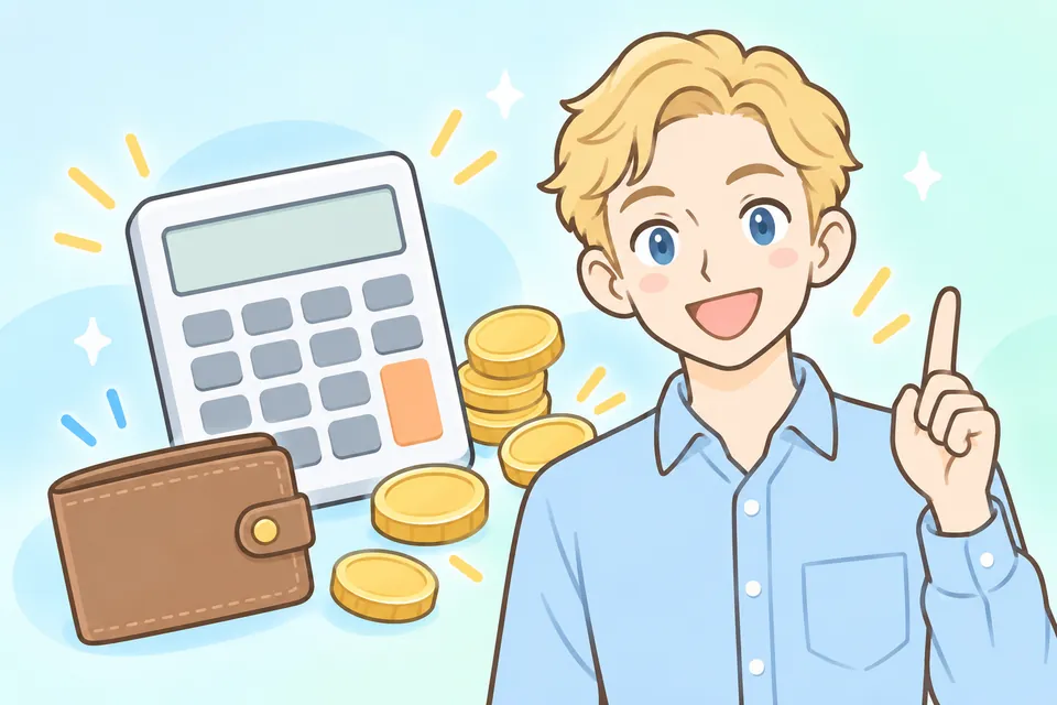 電卓とコインの横で料金の考え方を説明する男性講師のイラスト