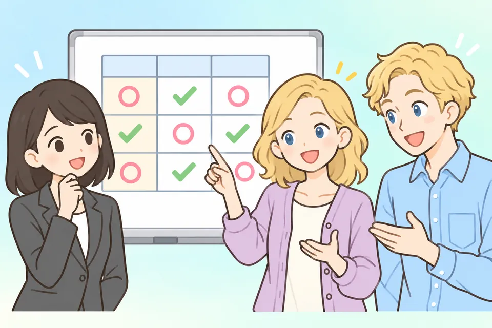 ホワイトボードの比較表を見ながら話し合う3人のイラスト