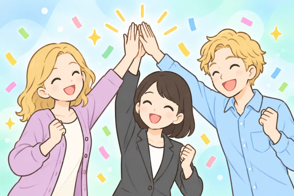 笑顔でハイタッチして喜ぶ3人のイラスト