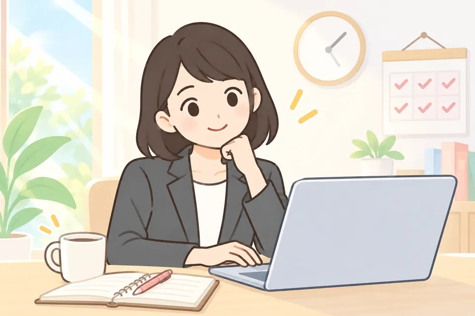朝の自宅でコーヒーを飲みながら英語学習の習慣を続ける女性のイラスト
