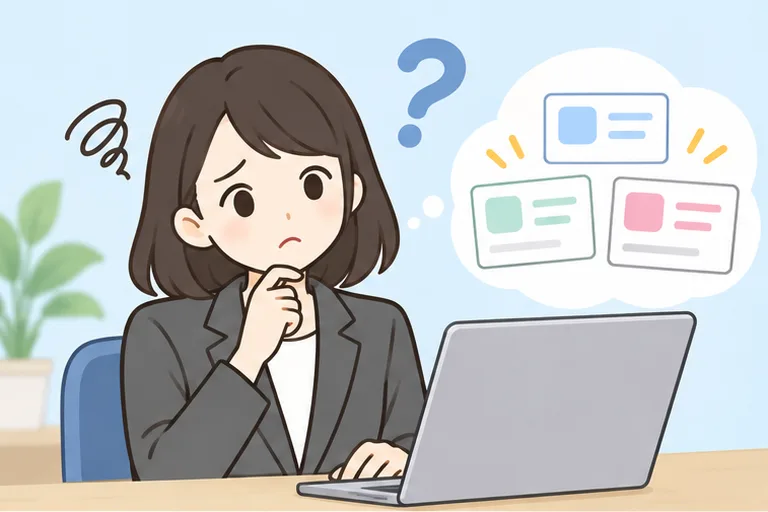 ノートパソコンの前で、どのサービスにするか迷っている女性のイラスト