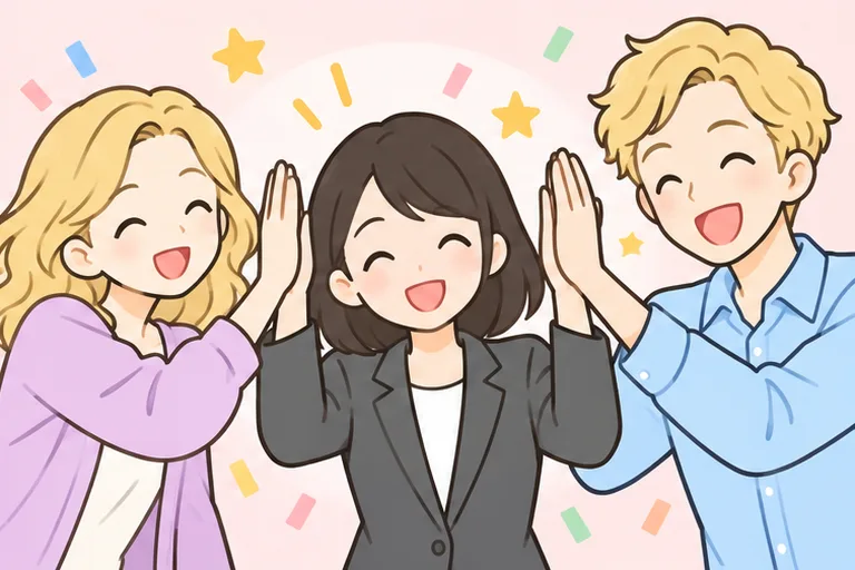 3人がハイタッチして喜んでいるイラスト