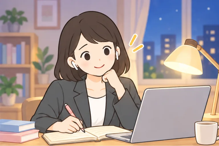 夜にイヤホンで英語を聞きながらノートを取る女性のイラスト
