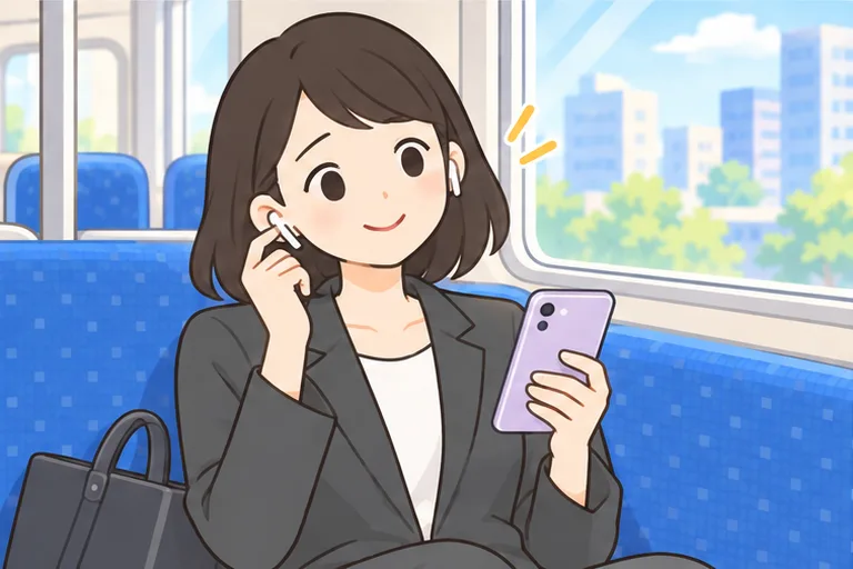 通勤電車でスマホとイヤホンで英語を聞く女性会社員のイラスト
