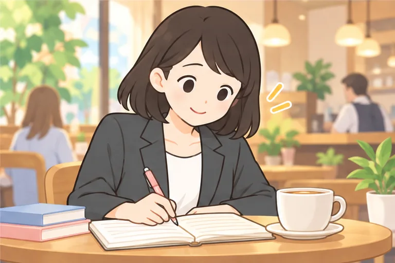 カフェでノートに英単語を書きとめている女性のイラスト