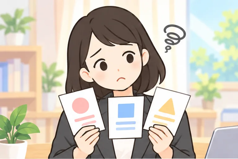 3つの選択肢を見比べて迷う女性会社員のイラスト