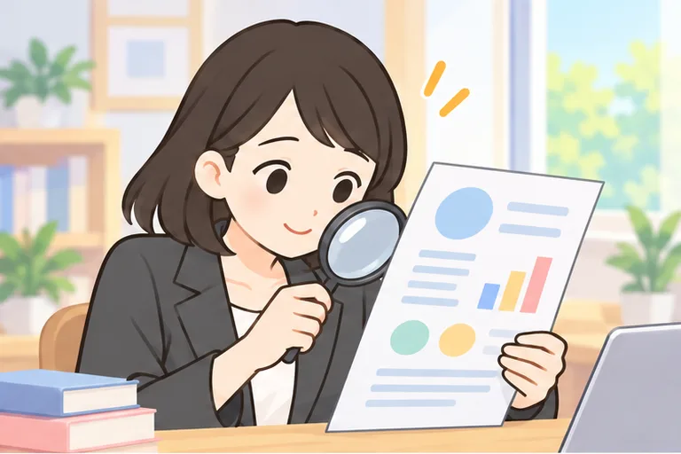 虫眼鏡で資料を調べる女性会社員のイラスト