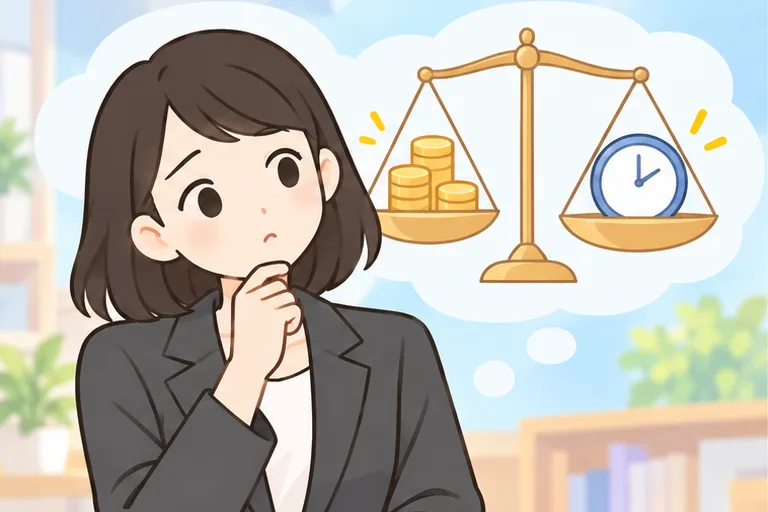 料金と時間のどちらを取るか、天秤にかけて考えている女性会社員のイラスト
