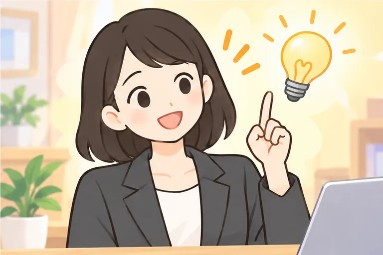 自分に合う答えをひらめいて、人差し指を立てている女性会社員のイラスト