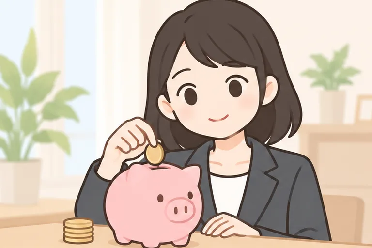 貯金箱に硬貨を入れる女性のイラスト