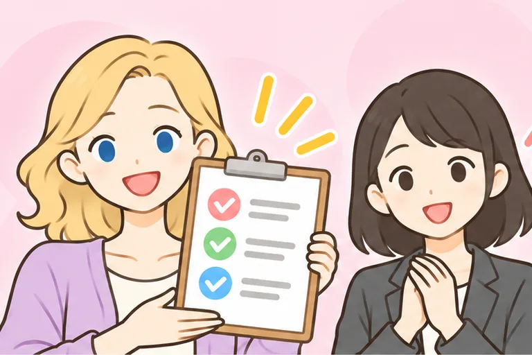 女性講師がチェックリストを見せて説明しているのイラスト