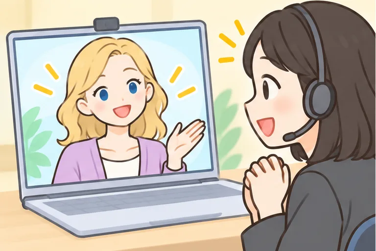 画面の女性講師に励まされて安心する女性のイラスト