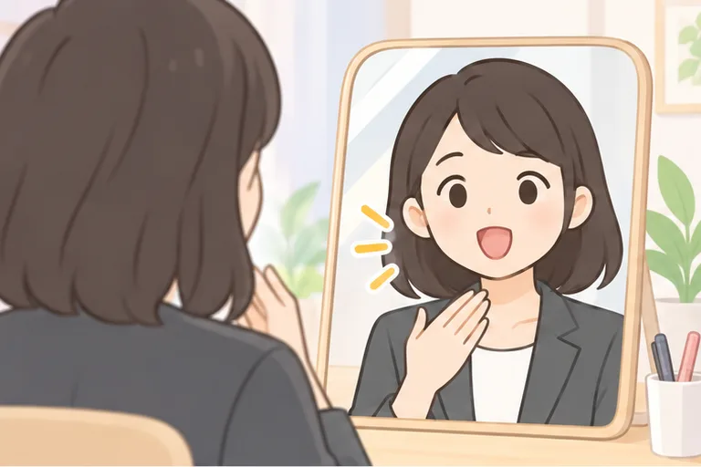 鏡の前で発音を練習する女性会社員のイラスト