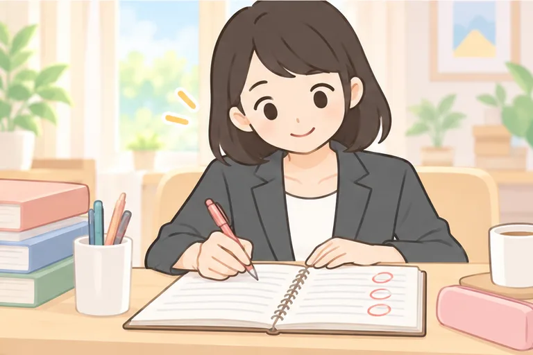 ノートに書いた英文に赤ペンの丸がついているのイラスト