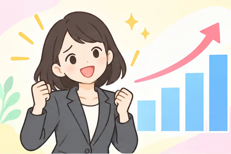 伸びていくグラフの横で、上達を感じて喜ぶ女性のイラスト