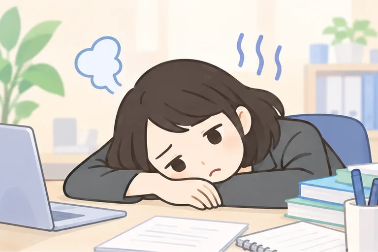 疲れて机に突っ伏す女性のイラスト