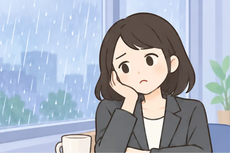 雨の日にやる気が出ず頬杖をつく女性のイラスト