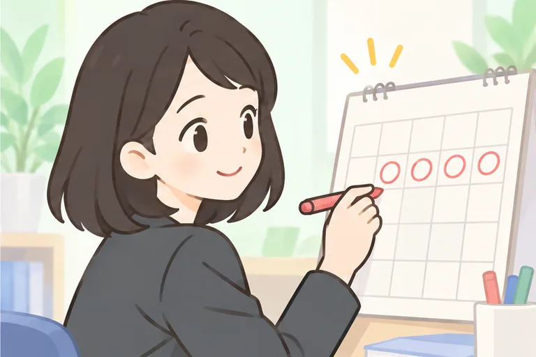 カレンダーに丸をつけて続ける女性会社員のイラスト