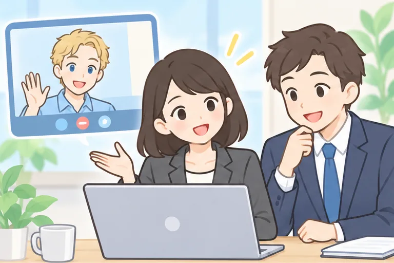 同僚と海外のメンバーとオンライン会議をする女性会社員のイラスト