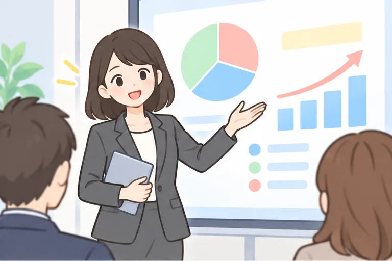 会議室で大きな画面を使い、英語でプレゼンをしている女性会社員のイラスト
