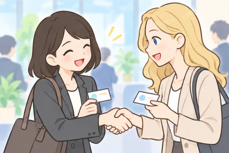 海外の取引先と向かい合い、笑顔で名刺を交換している女性会社員のイラスト