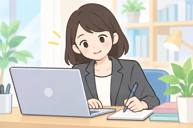 ノートパソコンでメールを書く女性会社員のイラスト