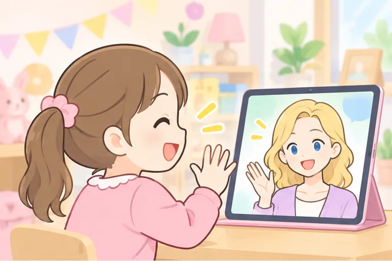 タブレットの画面に映る女性講師に、笑顔で手を振っている幼い女の子のイラスト