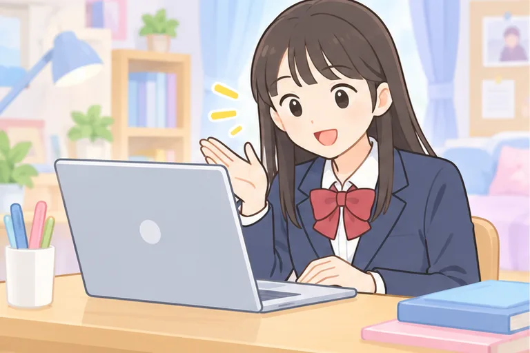ノートパソコンで英語を話す中学生の女の子のイラスト