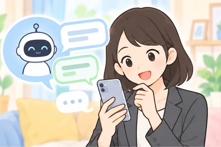 スマホのAI英会話アプリと話す女性会社員のイラスト
