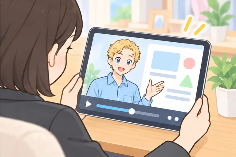 タブレットでレッスンの録画を見返す女性会社員のイラスト
