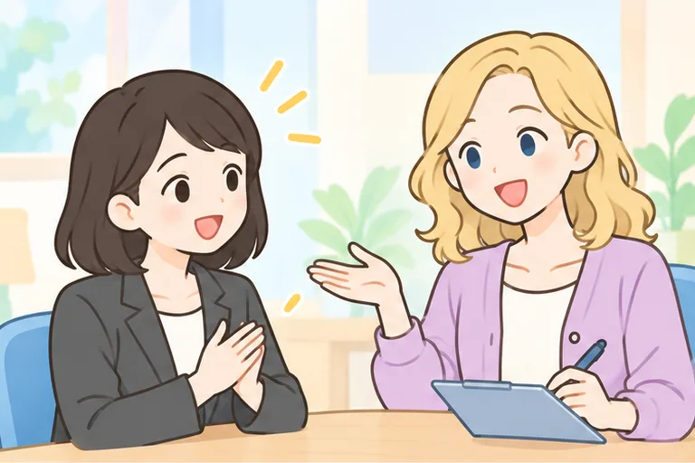 女性講師と向かい合って座り、学習の進め方を相談する女性会社員のイラスト