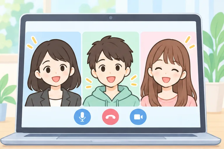 画面に3人の生徒が並んで受けている、グループレッスンの様子のイラスト