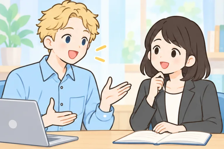 男性講師とマンツーマンで話す女性会社員のイラスト