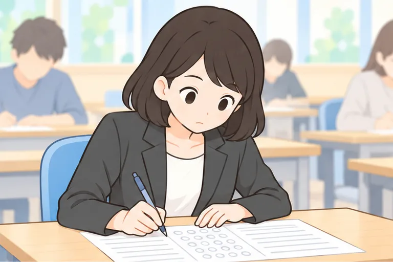 試験会場で答案に向かう女性会社員のイラスト