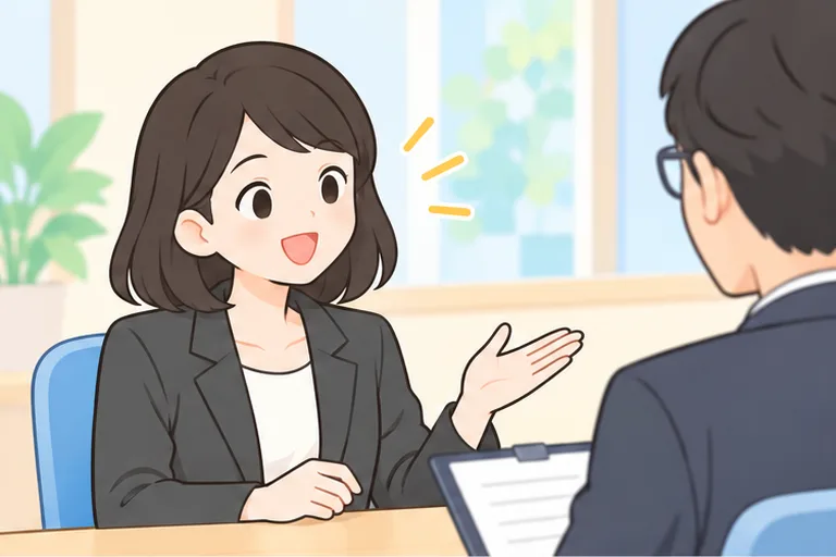 面接官の前で英語で答える女性会社員のイラスト